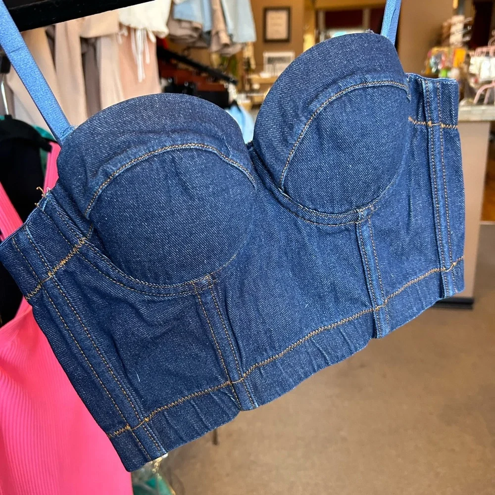 Denim Dark Blue Body Control Crop Top NWT - Picture 3 of 9